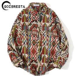Retro Geometric Pattern Long Sleeve Woolen Shirt Men Streetwear Hip Hop Oversized Shirts Brand Harajuku Casual Fashion Men Shirt 210705
