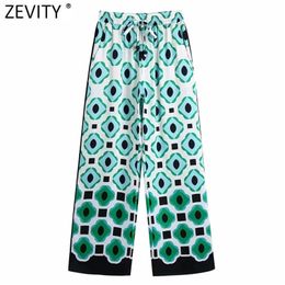 Zevity Women Vintage Geometric Print Elastic Waist Casual Wide Leg Pants Retro Female Chic Colour Match Long Trousers P1085 210925