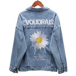 Trendy brand women's jacket denim female Korean version of loose embroidery BF wild daisy top coat ins 211008