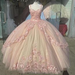 2021 Sexy Light Pink Lace Quinceanera Dresses Ball Gown Spaghetti Straps 3D Floral Flowers Zipper Back Tiered Sweet 16 Tulle Party Prom Evening Gowns