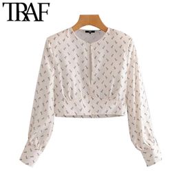 Women Fashion With Shoulder Pads Printed Cropped Blouses Vintage Long Sleeve Side Zipper Female Shirts Chic Tops 210507