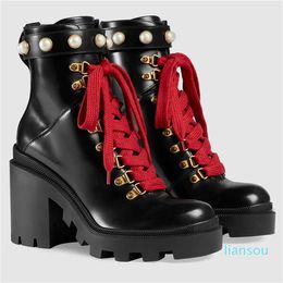 Luxury Women Leather Embroidered Ankle Boot Designer Shoes Crystals Martin Boots Web lace-up Ankle Boot Leather with Diamonds