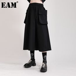 [EAM] Black Big Size Temperament Pockets High Elastic Waist Half-body Skirt Women Loose Fashion Spring Summer 1DD7219 21512