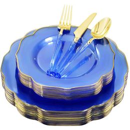Disposable Dinnerware 50 Pieces Of Transparent Blue Plastic Tray Tableware And Handle Golden Silverware Wedding Party Supplies
