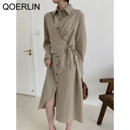 Early Spring Single-Breasted Button Irregular Shirt Dress Female Mid-length Elegant Long Sleeve Bandage Plus Size 210601