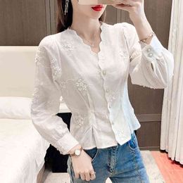 Summer Stereoscopic Embroidered White Pure Cotton Blouse Floral Long Sleeve Women's Shirt Fashion Lady's Tops 210515