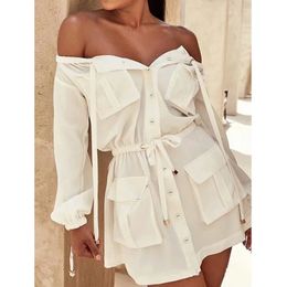Casual White Cotton Dress Pockets Women Off Shoulder Long Sleeve Spring Summer Short Dress Button Up Dress Female 210415
