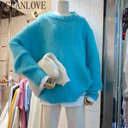 Blue Pull Femme Hiver Korean Fashion Vintage Solid Sweaters Women Tops Autumn Winter Mohair Pullovers 18934 210415