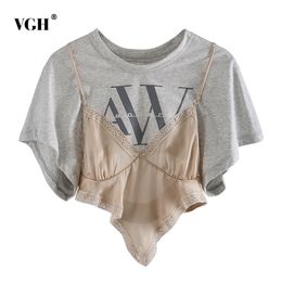 VGH Elegant Patchwork T Shirt Women O Neck Short Sleeve Asymmetrical Hit Colour Print Lace Up Irregular Hem T-shirts Female 210720