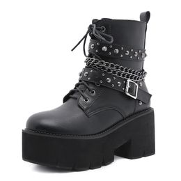 2022 Gothic Black Ankle Boots For Women High Heel Female Shoes Lace-Up Street Style Nigh Club Sexy Rivet Chain Spring Autumn 423