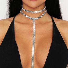 Chokers Double T-shape Long Tassel Rhinestone Choker Necklace For Women Luxury Crystal Collares Chockers Chain Fashion Jewelry