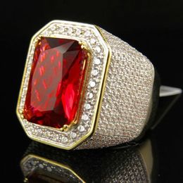 Wedding Rings ROMAD 2021 High Quality Jewelry Wholesale Promotion Red Big Stone Gold Color Hip Hop Bling Mens Micro Pave Ring Anillo Hombre