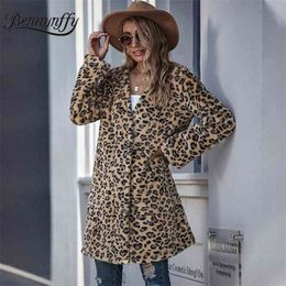 Autumn Winter Women Leopard Open Stitch Teddy Coat Fashion Street style Long Sleeve Female Outwear Casual Coats 210510