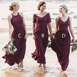 Boho Burgundy Bridesmaid Dresses 2022 Lace Chiffon Ankle Length Custom Made Plus Size Maid of Honour Gown Halter Short Sleeves vestidos Beach Wedding
