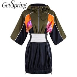 GetSpring Women Dress Hooded Patchwork Corset Drawstring Short Sleeve Zipper Ladies High Waist Vintage es 210601