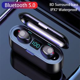 2022 waterproof smartphone F9 TWS Auriculares Bluetooth Auriculares inalámbricos 2200mAh Caja de carga Deportes Auriculares impermeables Auriculares para teléfonos inteligentes