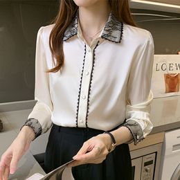 Women Silk Shirts White Blouse for Long Sleeve Blouses Woman Lace Satin Ladies Tops Plus Size 210427