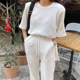 Summer White Causal Soft Fashion Two Pieces Set Women Short Sleeve Pullover Loose T-Shirt + High Waist Wide leg pants Suit 210519