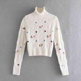 O-neck Sweaters Floral Embroidery Knitted Women' Clothing Sweet Ins Fashion White Bottom Hollowed Out Commuting 210521