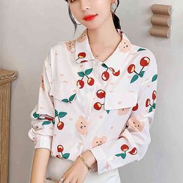 Vintage Printed Cherry Long-Sleeved Shirt Women's Autumn Korean version Chiffon Women Blouse Shirts Loose Top 910E 210420