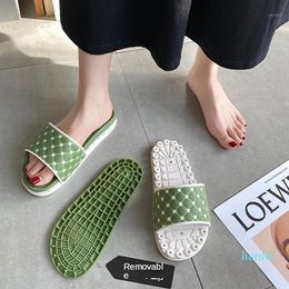 Green Indoor Slides Outdoor Slippers Women Hollow Breathable Shoes Soft Massage Sandals Comfortable Non-slip Ladies Flip Flops