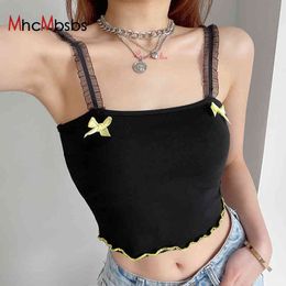 Women's Lace Strap Bow Crop Tops Sexy Off Shoulder Tree fungus trim Tees Summer Korean Style Black Camis Y2K Clothing 210517