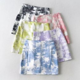 High waist Vintage Print woman skirts Autumn Fashion Tie-Dye Split Slim Fit Short Hip Skirt with Anti-glare women clothes 210420