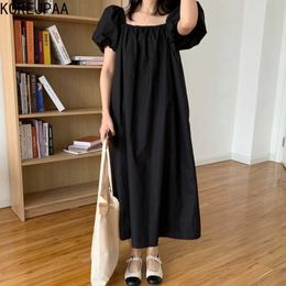 Korejpaa Women Dress Summer Korean Chic Square Neck Open Back Pleated Loose and Versatile Bubble Sleeve Dress Long Vestido 210526