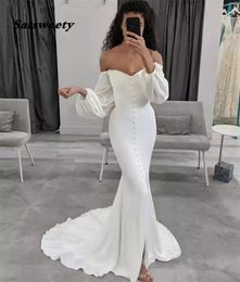 Wedding Dress V-Neck Long Sleeves Mermaid Sweep Train Spandex Satin Pleated Zipper Back Lace Bridal Dresses