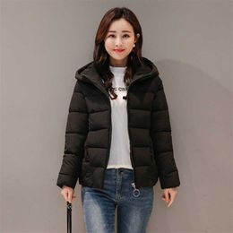 Winter Hooded Short Jacket Women Plus Size Solid Women's Parkas Stand Collar Loose Cotton Padded Casual Thick Coat Ladies 211007