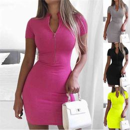 Cotton Material Fluorescent Green Club Dresses Women Short Sleeve Snug Zippers Mini Vestidos Womens Clothing Tihgt Holiday Dress 210517