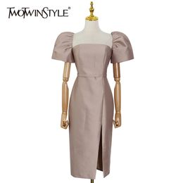 Khaki Elegant Side Split Dress For Women Square Collar Puff Short Sleeve High Waist Midi Dresses Female Summer 210520