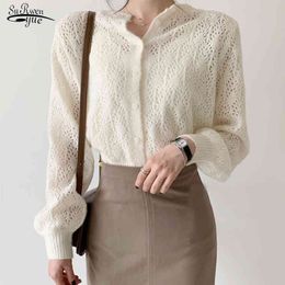 Knitted Cardigan Hollow Out Blouses Women Casual Lantern Long Sleeve Shirts Solid Elegant Tops Blusa Feminina 9824 210427