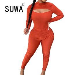 est Women Sets Clothes O-Neck Long Sleeve Hollow Out Tees High Waist Bodycon Pencil Pants Tracksuits Party Club Outfits 210525