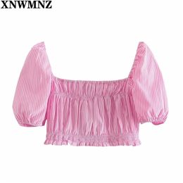 Womens Tops Pink Poplin Backless Crop Top Women Blouses Summer Short Sleeve Woman Blouse Elastic Trim Ladies 210520
