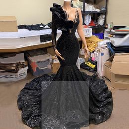 One Shoulder long sleeve Mermaid Black Sequin Prom Dresses 2021 Arabic Formal Party Evening Dress Robe De Soiree