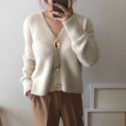 Ly Varey Lin Winter Women Golden Button Woollen Open Stitch Sweater Female Warm Elegant V Neck Single Breasted Cardigan Coat 210526