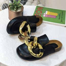 2021 marke Design Frauen Slipper Mode Große Gold Kette Sandalen Schuhe Runde Zehe Slip auf Maultiere Flache Ferse Casual Slides flip F X0523