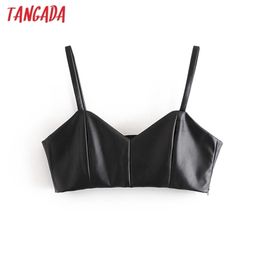 Tangada women black pu leather camis crop top spaghetti strap sleeveless backless short blouses shirts female solid tops QN28 210407