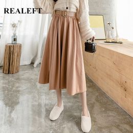 Autumn Women Pleated Skirts Fashion Elastic High Waist Swing Slim OL Style Casual Midi With Belt Female 210428