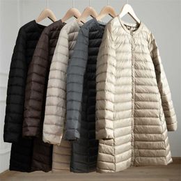 Women's Light Down Jacket Autumn Winter Long Large Size Round Neck Snap Button Sleeve Warm Coat Lady Soft Outerwear 211018