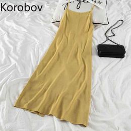 Korobov Summer Sweet Spaghetti Strap Dress Korean A-Line Female Dresses Chic Preppy Style Solid Robe Femme 210430