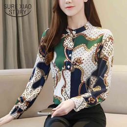 Hong Kong Style Chain Color Matching Printing Fashion Shirt Spring Long Sleeve Cardigan Turn-down Collar Women Tops 8112 50 210417