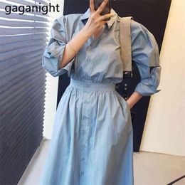 Fashion Women Maxi Shirt Dress Solid Spring Autumn Office Lady Slim Dresses Korean A Line Single Breasted Vestidos 210601