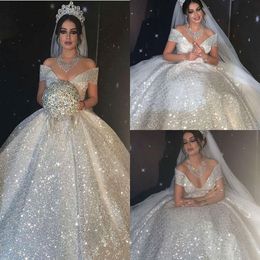 Paillettenkleid, glänzende Ball-Hochzeitskleider, Prinzessin, schulterfrei, sexy Brautkleider, Dubai, Arabisch, Sweep-Zug, Vestidos de Novia, zweites Empfangskleid AL5963 s