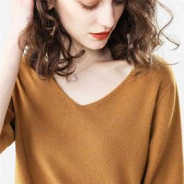 Spring summer thin pullover v-neck sweater women short sleeve loose knitted bottoming shirt wool top 210330