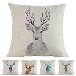 Watercolor Nordic Fresh Decor Style Deer's Head And Antler Linen Throw Pillow Case Home Room Decoration Sofa Cushion Cover Cushion/Decorativ
