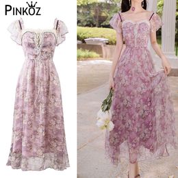 vintage midi pink dress sweet cute floral printed patchwork lace square collar sleeveless summer dresses party 210421