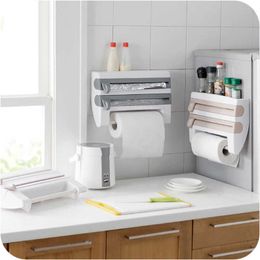 Multifunctional Kitchen Storage Organizer Cling Film Cutter Tin Foils Roll Dispenser Paper Towel Holder Spice Bottle Shelf Rack