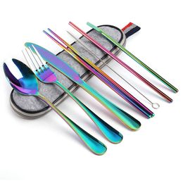 7pcs Dinnerware Set Travel Cutlery Set Reusable Silverware With Metal Straw Spoon Fork Chopsticks Kitchen Accessory With Case